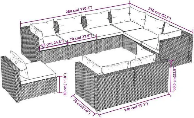 Alt view image 4 of 6 - vidaXL Patio Lounge Set Outdoor Sectional Sofa Set 9 Piece Poly Rattan Brown