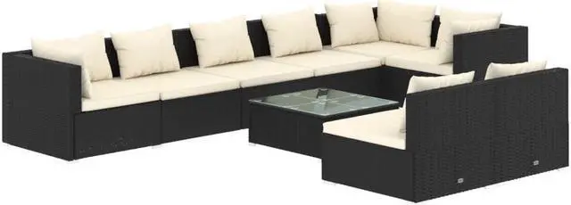 Alt view image 2 of 6 - vidaXL Patio Lounge Set 9 Piece with Cushions Black Poly Rattan Garden Sofa