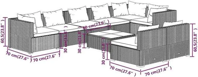 Alt view image 4 of 6 - vidaXL Patio Lounge Set 9 Piece with Cushions Black Poly Rattan Garden Sofa
