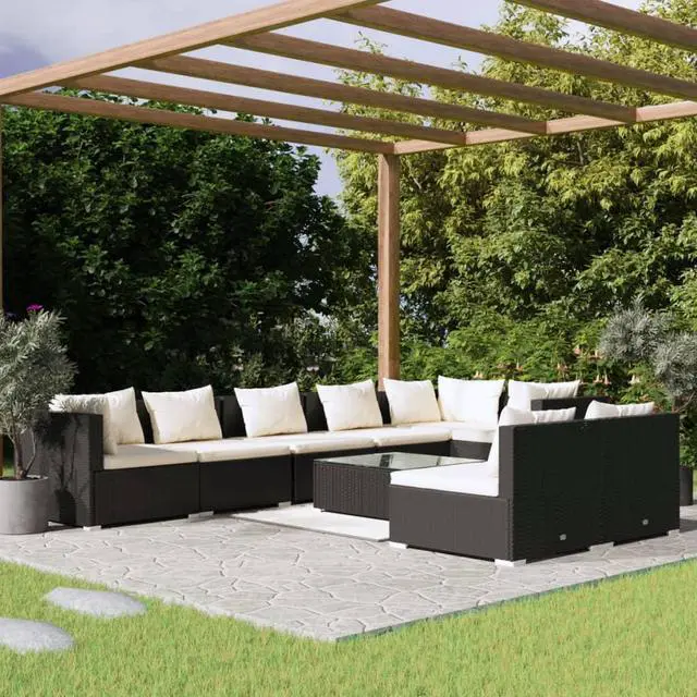 Main image of vidaXL Patio Lounge Set 9 Piece with Cushions Black Poly Rattan Garden Sofa