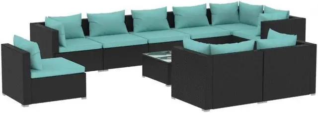 Alt view image 2 of 6 - vidaXL Patio Lounge Set 10 Piece with Cushions Poly Rattan Black Garden Seat