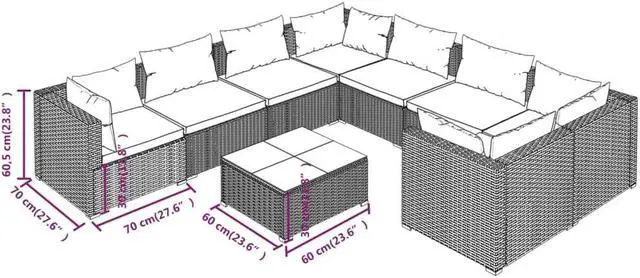 Alt view image 4 of 6 - vidaXL Patio Lounge Set Outdoor Sectional Sofa Set 9 Piece Poly Rattan Brown
