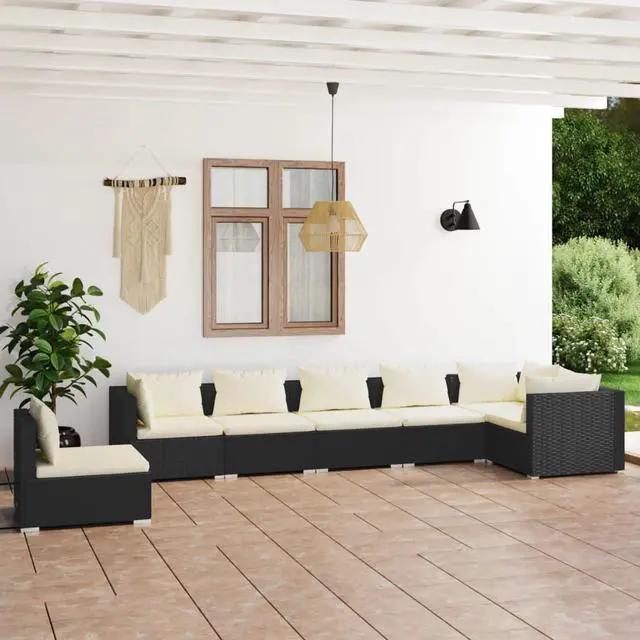 Main image of vidaXL Patio Lounge Set 7 Piece with Cushions Poly Rattan Black Garden Seat