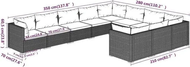 Alt view image 6 of 6 - vidaXL Patio Lounge Set 10 Piece with Cushions Poly Rattan Black Garden Seat