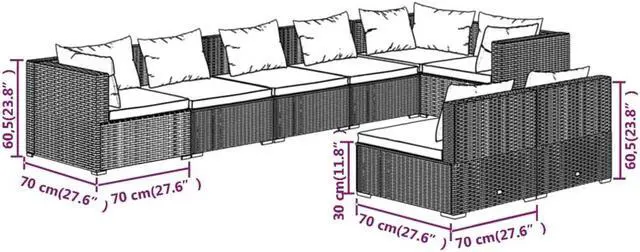 Alt view image 4 of 6 - vidaXL Patio Lounge Set 8 Piece with Cushions Black Poly Rattan Garden Seat