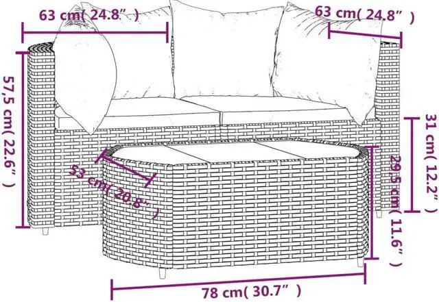 Alt view image 8 of 10 - vidaXL 3 Piece Patio Lounge Set with Cushions Gray Poly Rattan