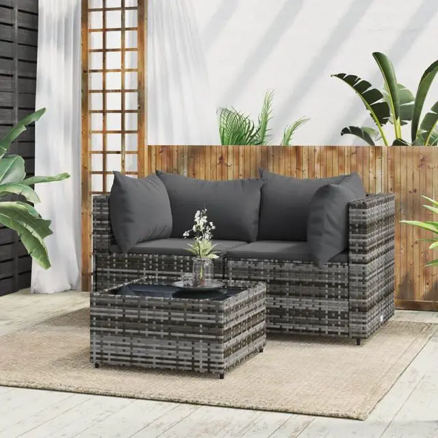 Alt view image 5 of 10 - vidaXL 3 Piece Patio Lounge Set with Cushions Gray Poly Rattan
