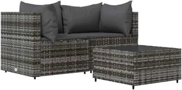 Alt view image 6 of 10 - vidaXL 3 Piece Patio Lounge Set with Cushions Gray Poly Rattan