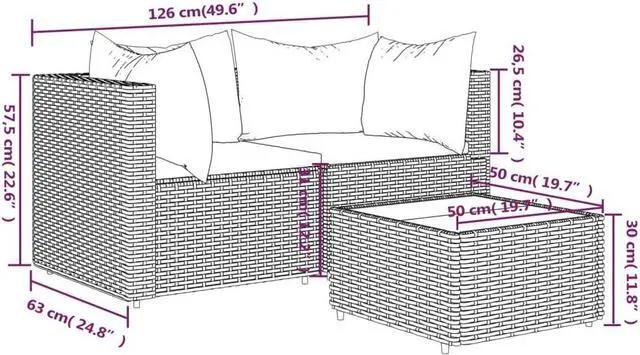 Alt view image 8 of 10 - vidaXL 3 Piece Patio Lounge Set with Cushions Gray Poly Rattan