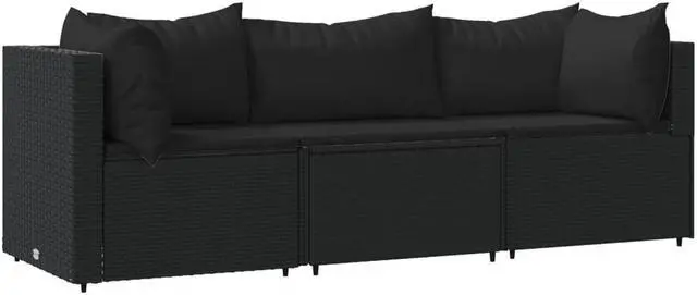 Alt view image 2 of 7 - vidaXL Patio Furniture Set 3 Piece Patio Sofa with Cushions Black Poly Rattan