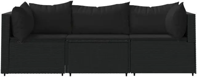 Alt view image 3 of 7 - vidaXL Patio Furniture Set 3 Piece Patio Sofa with Cushions Black Poly Rattan