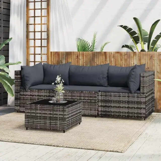 Alt view image 5 of 10 - vidaXL 4 Piece Patio Lounge Set with Cushions Gray Poly Rattan