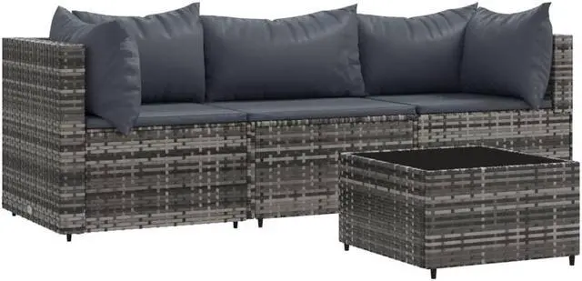 Alt view image 6 of 10 - vidaXL 4 Piece Patio Lounge Set with Cushions Gray Poly Rattan