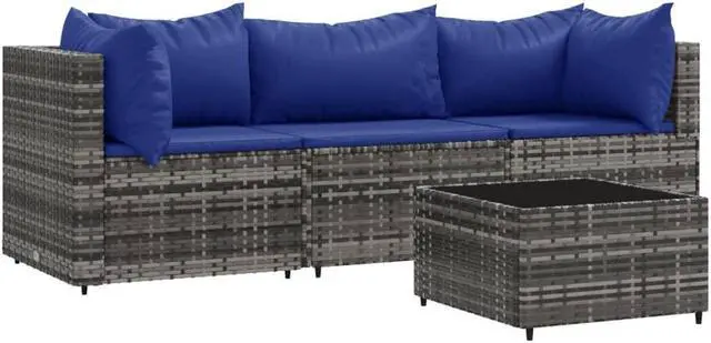 Alt view image 2 of 7 - vidaXL Patio Furniture Set 4 Piece Patio Sofa with Cushions Gray Poly Rattan