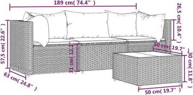 Alt view image 4 of 7 - vidaXL Patio Furniture Set 4 Piece Patio Sofa with Cushions Black Poly Rattan