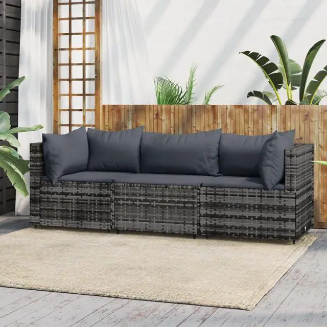 Alt view image 5 of 10 - vidaXL 3 Piece Patio Lounge Set with Cushions Gray Poly Rattan