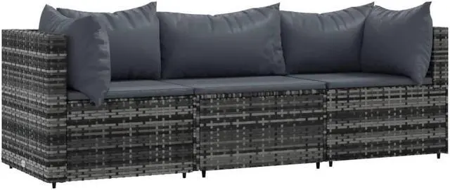 Alt view image 6 of 10 - vidaXL 3 Piece Patio Lounge Set with Cushions Gray Poly Rattan