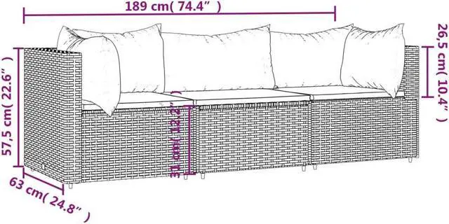 Alt view image 8 of 10 - vidaXL 3 Piece Patio Lounge Set with Cushions Gray Poly Rattan