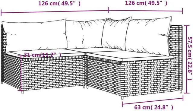 Alt view image 4 of 7 - vidaXL 3 Piece Patio Lounge Set with Cushions Gray Poly Rattan