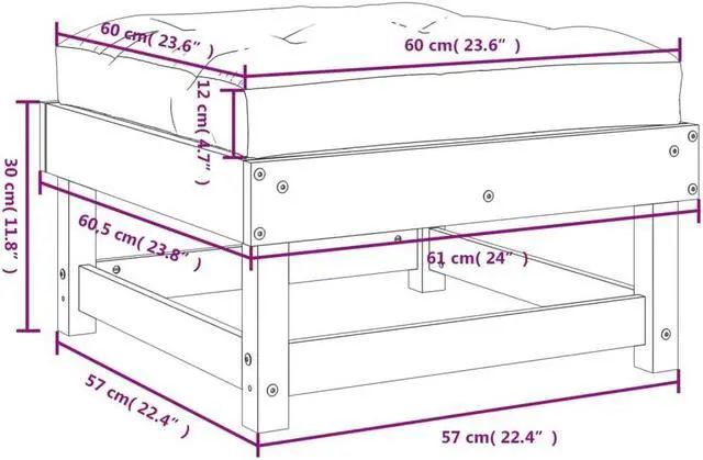 Alt view image 4 of 7 - vidaXL Patio Furniture Ottoman Footstool with Cushion White Solid Wood Pine