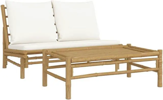 Alt view image 2 of 6 - vidaXL Patio Furniture Set 2 Piece Loveseat with Cream White Cushions Bamboo