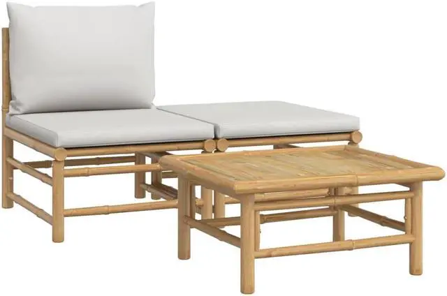 Alt view image 2 of 7 - vidaXL Patio Furniture Set 3 Piece Lounge Set with Light Gray Cushions Bamboo