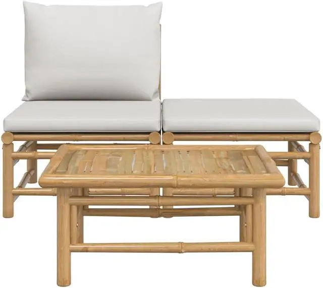 Alt view image 3 of 7 - vidaXL Patio Furniture Set 3 Piece Lounge Set with Light Gray Cushions Bamboo