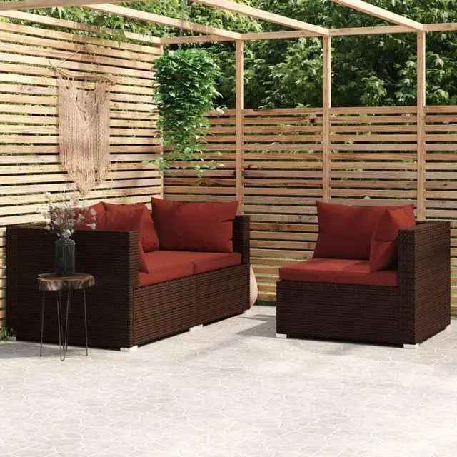 Alt view image 9 of 14 - vidaXL 3 Piece Patio Lounge Set with Cushions Brown Poly Rattan
