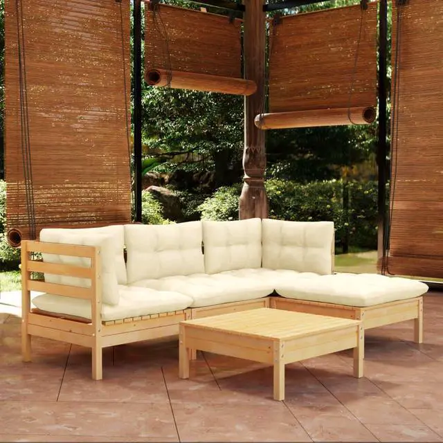 Alt view image 7 of 7 - vidaXL Solid Pinewood Patio Lounge Set 5 Piece with Cream Cushions Garden Sofa