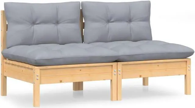 Alt view image 11 of 15 - vidaXL 2-Seater Patio Sofa with Gray Cushions Solid Pinewood