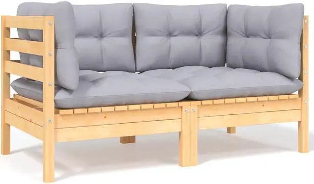 Alt view image 8 of 13 - vidaXL 2-Seater Patio Sofa with Gray Cushions Solid Pinewood