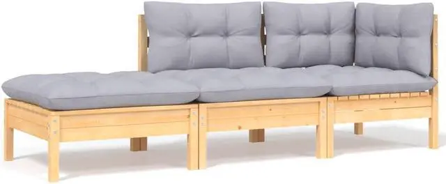 Alt view image 7 of 11 - vidaXL 3 Piece Patio Lounge Set with Gray Cushions Solid Pinewood