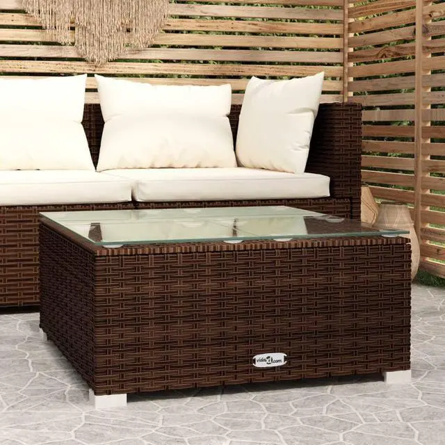 Alt view image 10 of 12 - vidaXL Patio Coffee Table Brown 23.6"x23.6"x11.8" Poly Rattan & Glass