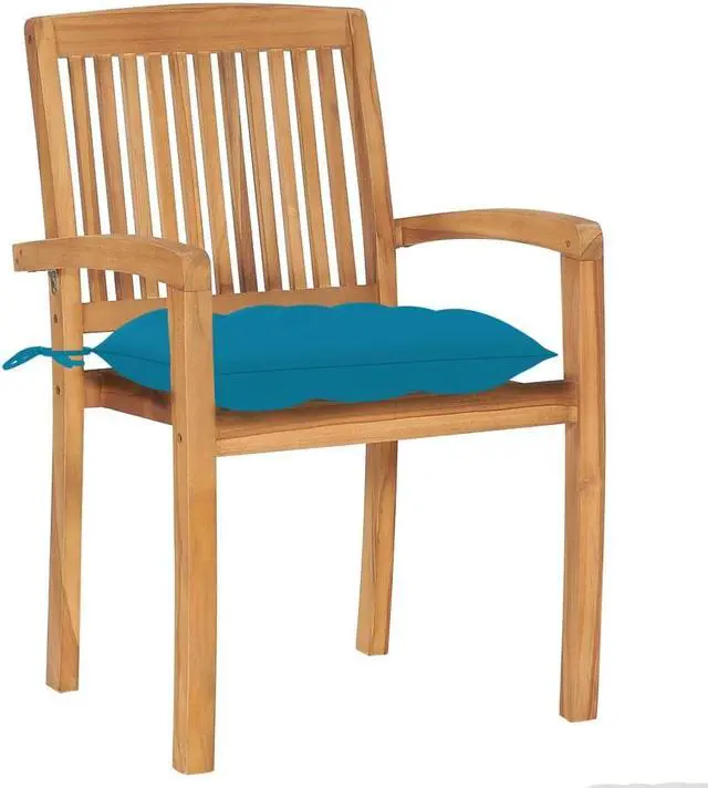 Alt view image 2 of 7 - vidaXL 2x Solid Teak Wood Patio Chairs with Light Blue Cushions Dining Chair
