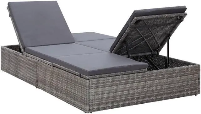 Alt view image 2 of 6 - vidaXL Double Sun Lounger with Cushion Poly Rattan Gray Garden Outdoor Seating