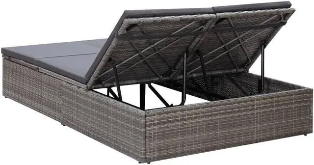 Alt view image 4 of 6 - vidaXL Double Sun Lounger with Cushion Poly Rattan Gray Garden Outdoor Seating
