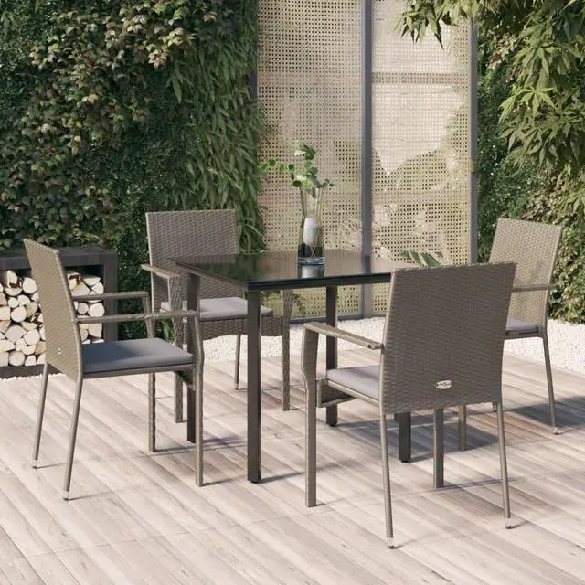 Main image of vidaXL Patio Dining Set with Cushions Seat 5 Piece Black and Gray Poly Rattan