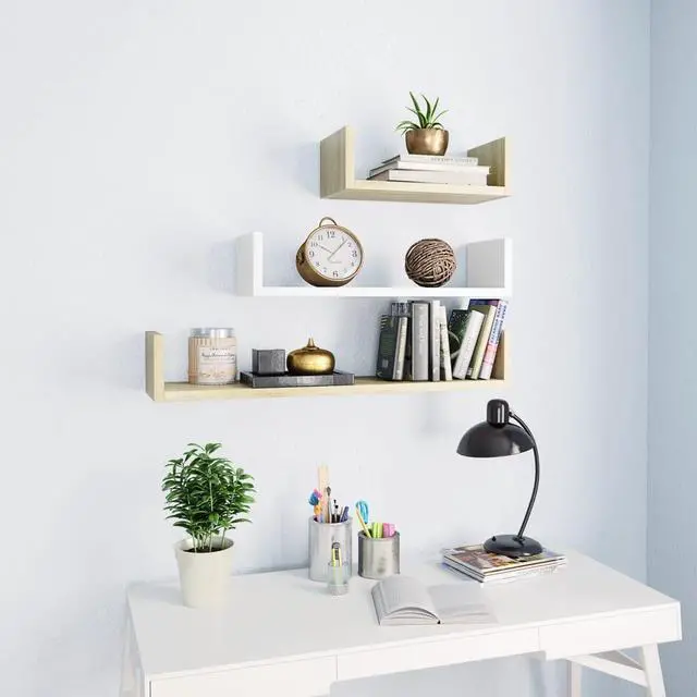 Alt view image 13 of 13 - vidaXL Wall Shelf Floating Shelf 3 Pcs White and Sonoma Oak Engineered Wood