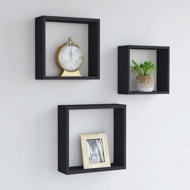 Alt view image 10 of 10 - vidaXL Wall Cube Shelves 3 pcs Black MDF