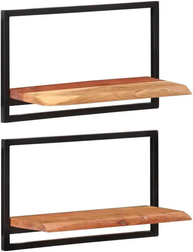 Alt view image 4 of 9 - vidaXL Wall Shelves 2 pcs 23.6"x9.8"x13.8" Solid Wood Acacia and Steel