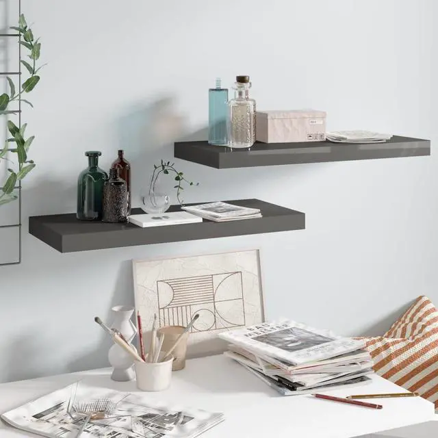 Alt view image 11 of 11 - vidaXL Floating Wall Shelves 2 pcs High Gloss Gray 23.6"x9.3"x1.5" MDF