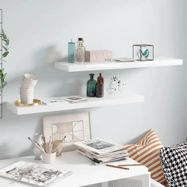 Alt view image 9 of 9 - vidaXL Floating Wall Shelves 2 pcs High Gloss White 35.4"x9.3"x1.5" MDF