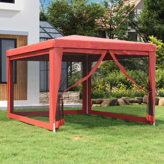 Main image of vidaXL Gazebo Party Tent Canopy Shelter with 4 Mesh Sidewalls Red 9.8'x13.1'HDPE