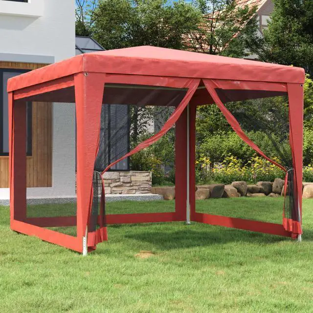 Main image of vidaXL Gazebo Party Tent Canopy Shelter with 4 Mesh Sidewalls Red 9.8'x9.8'HDPE