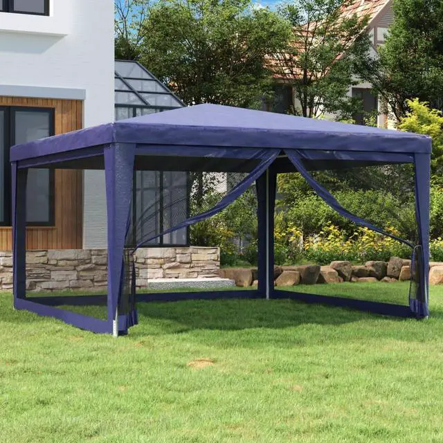 Main image of vidaXL Gazebo Outdoor Party Tent with 4 Mesh Sidewalls Blue 13.1'x13.1'HDPE