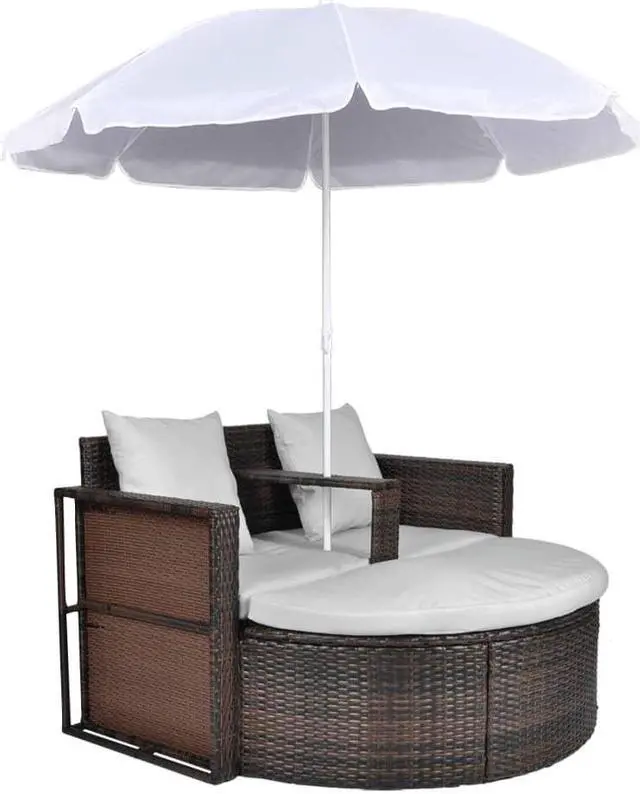 Alt view image 7 of 14 - vidaXL Patio Bed Outdoor Patio Wicker Daybed with Parasol Brown Poly Rattan