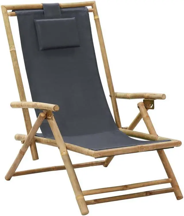 Alt view image 18 of 18 - vidaXL Patio Deck Chair Sling Chair with Headrest Dark Gray Bamboo and Fabric