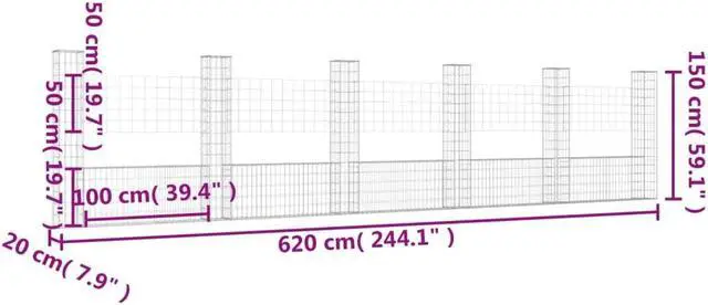 Alt view image 4 of 5 - vidaXL U-shape Gabion Basket with 6 Posts Iron 244.1"x59.1" Wire Wall Fence