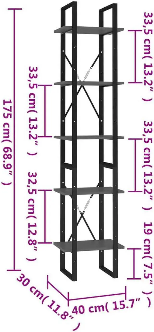 Alt view image 12 of 13 - vidaXL 5-Tier Book Cabinet Gray 15.7" x 11.8" x 69.9" Chipboard