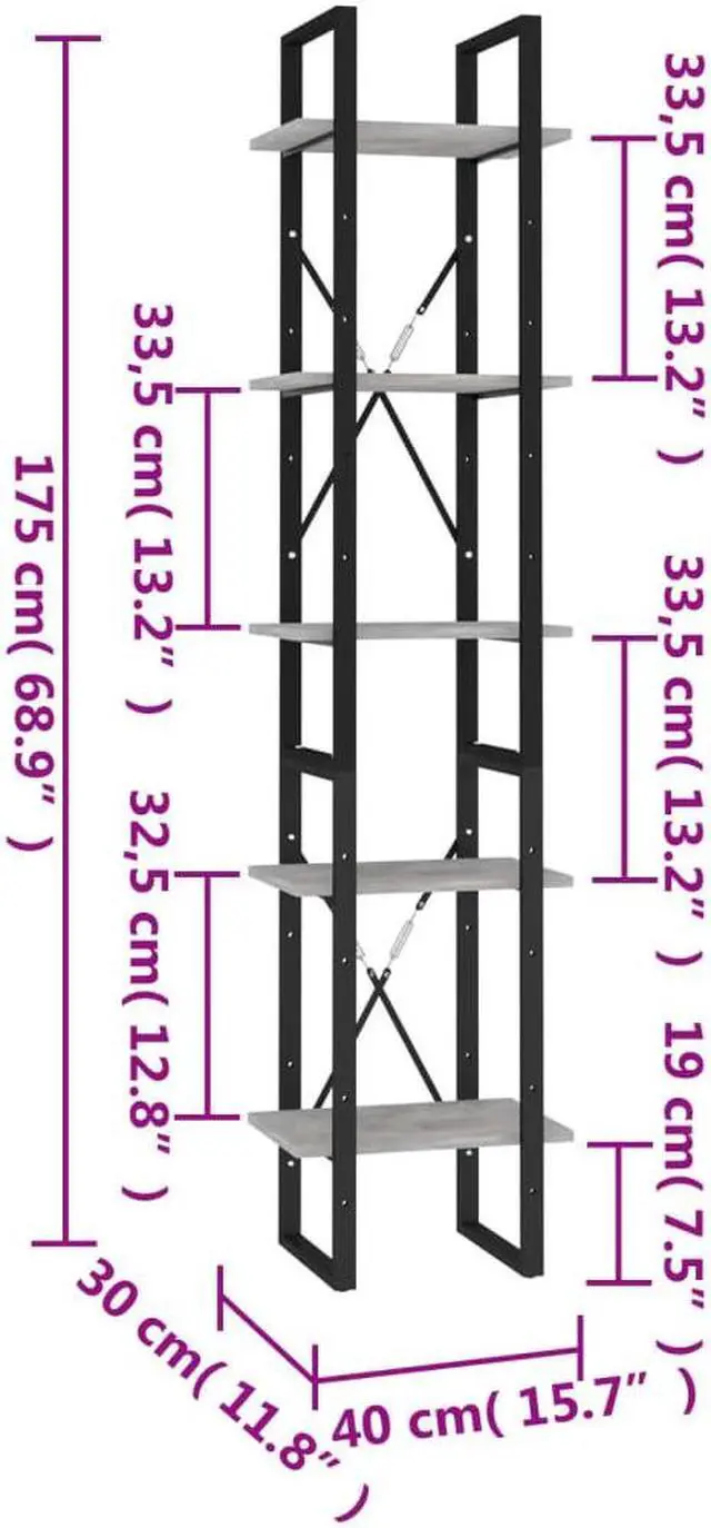 Alt view image 12 of 13 - vidaXL 5-Tier Book Cabinet Concrete Gray 15.7" x 11.8" x 69.9" Chipboard